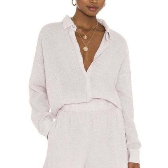 Nwt Monrow x revolve relaxed twisted long sleeve button down chalk gray blouse - Picture 1 of 5